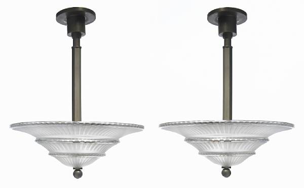 Appraisal: A pair of Art Deco hanging light fixtures circa frosted