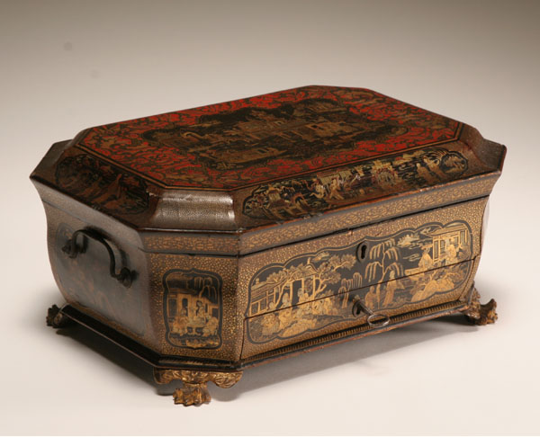 Appraisal: China trade lacquered sewing box with ivory tools profusely decorated