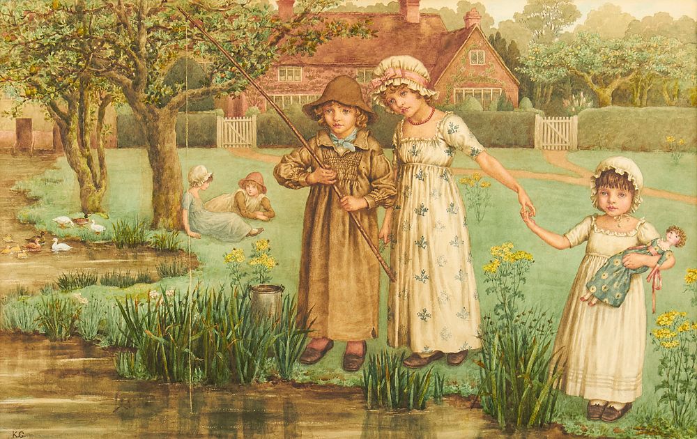 Appraisal: Kate Greenaway Children Fishing Watercolor Kate Greenaway English - Watercolor