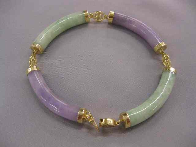 Appraisal: Green Lavender Jade Bracelet k yellow gold '' long