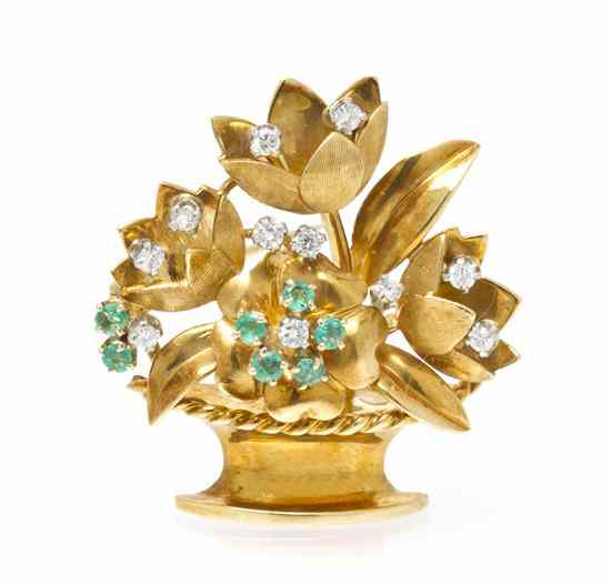 Appraisal: An Karat Yellow Gold Diamond and Emerald Brooch depicting a