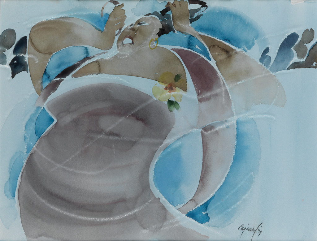 Appraisal: WILLIAM PAJAUD - Untitled Church Sister with Tambourine Watercolor on