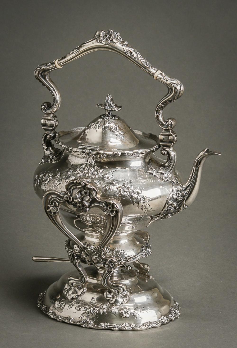 Appraisal: DOMINICK HAFF FLORAL DECORATED STERLING HOT WATER KETTLE-ON-STAND RETAILED BY