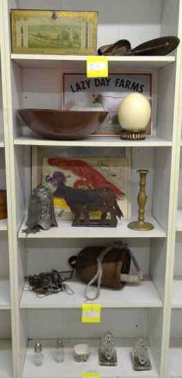 Appraisal: Misc lot including cow bell ostrich egg candlestick painted wooden