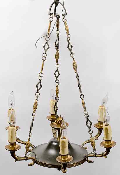 Appraisal: Continental Chandelier Continental an electrified six-armed gilt metal chandelier with