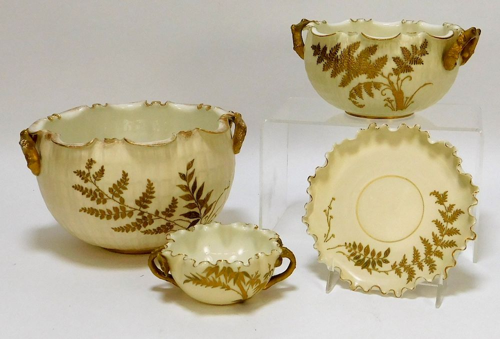 Appraisal: PC American Belleek Gilt White Twig Handled Set United States