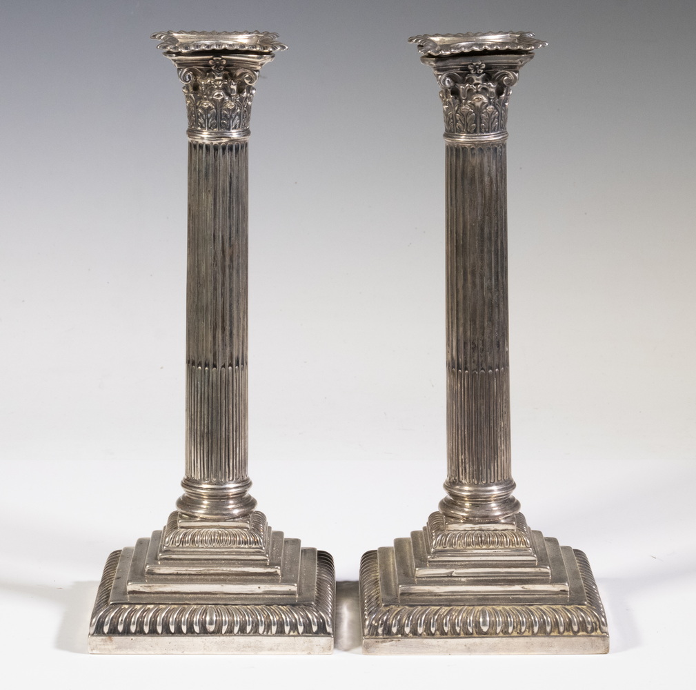 Appraisal: PR ENGLISH STERLING SILVER CANDLESTICKS Pair of Victorian Corinthian Column