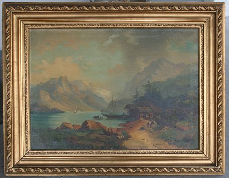 Appraisal: TH C EUROPEAN FJORD SCENE WITH FIGURES OIL C ''