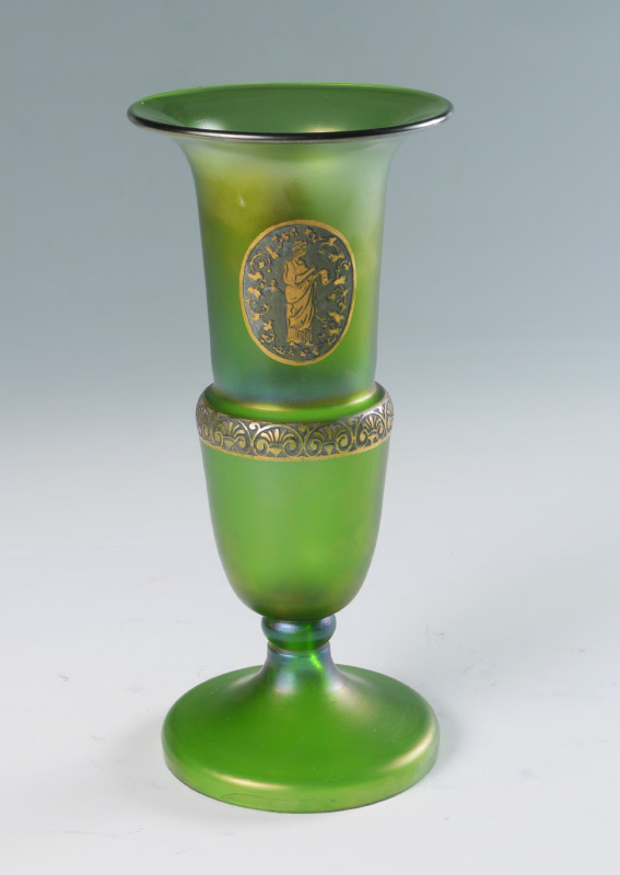 Appraisal: BOHEMIAN IRIDESCENT GREEN NEO-CLASSICAL VASE Iridescent green body flared rim