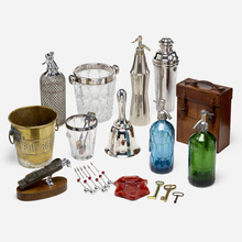 Appraisal: COLLECTION OF BAR ACCESSORIES silver plate glass cut crystal leather