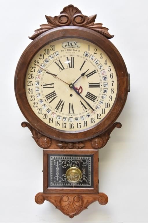 Appraisal: William L Gilbert Clock Co walnut calendar wall clock h