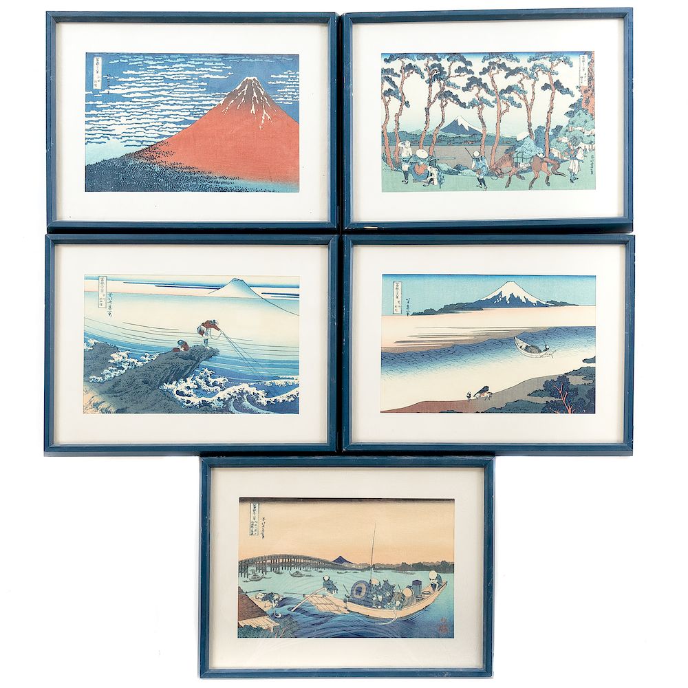 Appraisal: After Hokusai Group of Five Framed Woodcuts From Views of