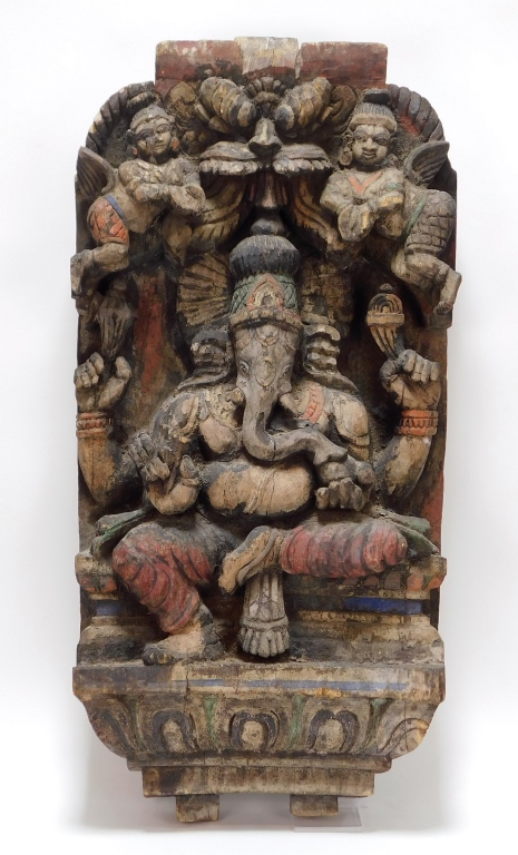 Appraisal: C INDIAN CARVED WOOD GANESH PANEL India th CenturyIntricately carved