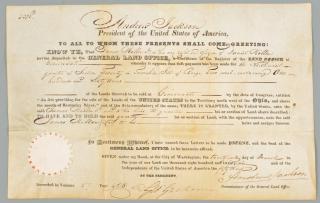 Appraisal: Andrew Jackson Signed OH Land Grant Andrew Jackson Cincinnati Ohio