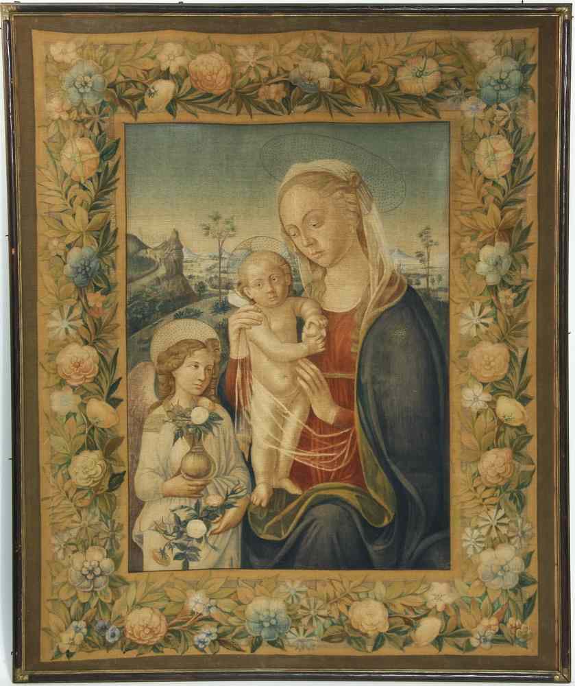 Appraisal: PAINTED TAPESTRY - Madonna with Child in Landscape with floral