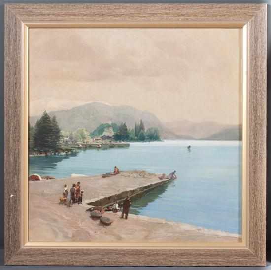 Appraisal: Continental School th century Mountainous Landscape with Villagers at Dock