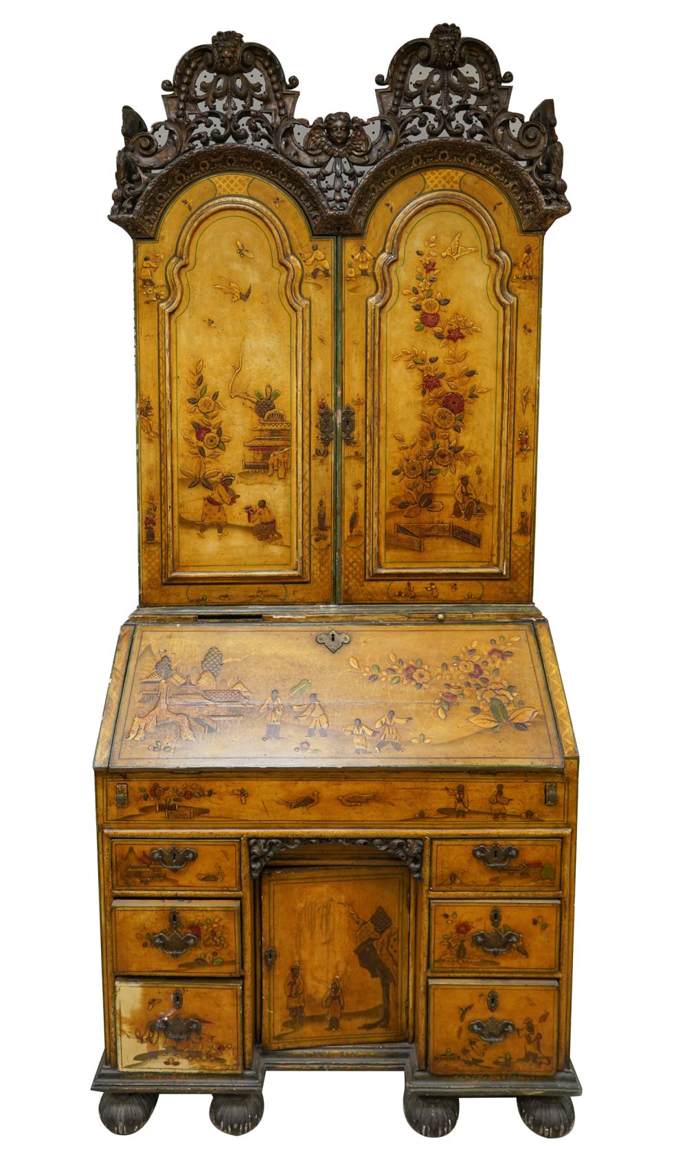 Appraisal: CHINOISERIE DECORATED BUREAU CABINETconstructed in two parts the double-domed upper