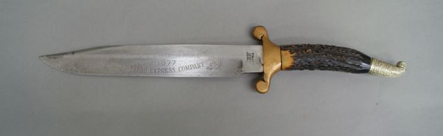 Appraisal: A large English Sheffield Bowie inch blade etched Wells Fargo