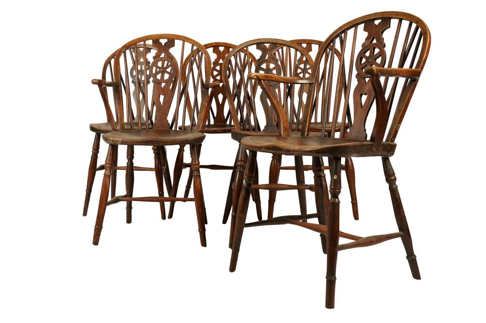 Appraisal: SIX WINDSOR STYLE DINING CHAIRScomprising a pair of armchairs and