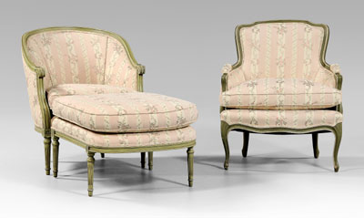 Appraisal: Louis XVI style bergere chair and ottoman green-painted fram