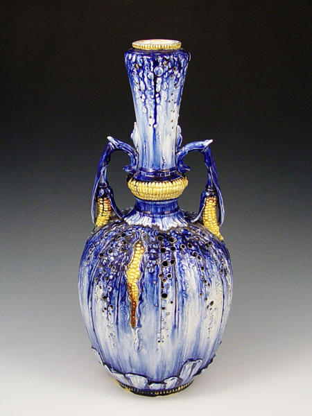 Appraisal: A MOST UNUSUAL COBALT MAJOLICA VASE WITH CORN '' tall