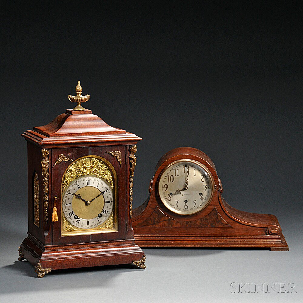 Appraisal: Two Mahogany Shelf Clocks Germany and America a German bracket