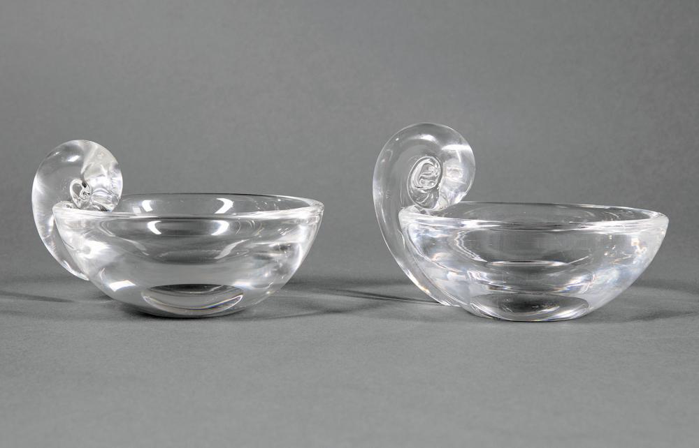 Appraisal: Pair of Steuben Glass Snail-Scroll Olive Dishes etched marks model