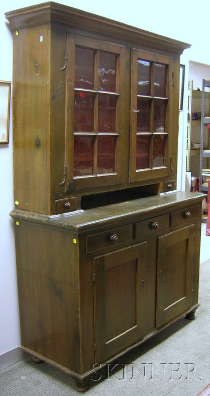 Appraisal: Green-painted Glazed Walnut Two-Part Step-back Cupboard approx ht wd dp