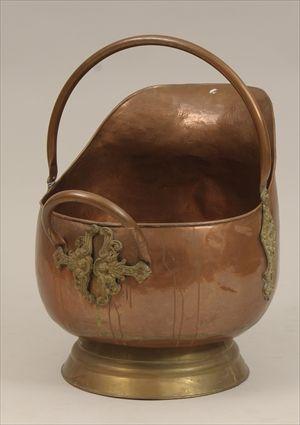 Appraisal: English Brass-Footed Copper Coal Scuttle x in