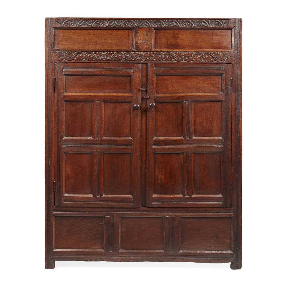 Appraisal: OAK CUPBOARD WESTMORELAND LATE TH CENTURY the twin panel frieze