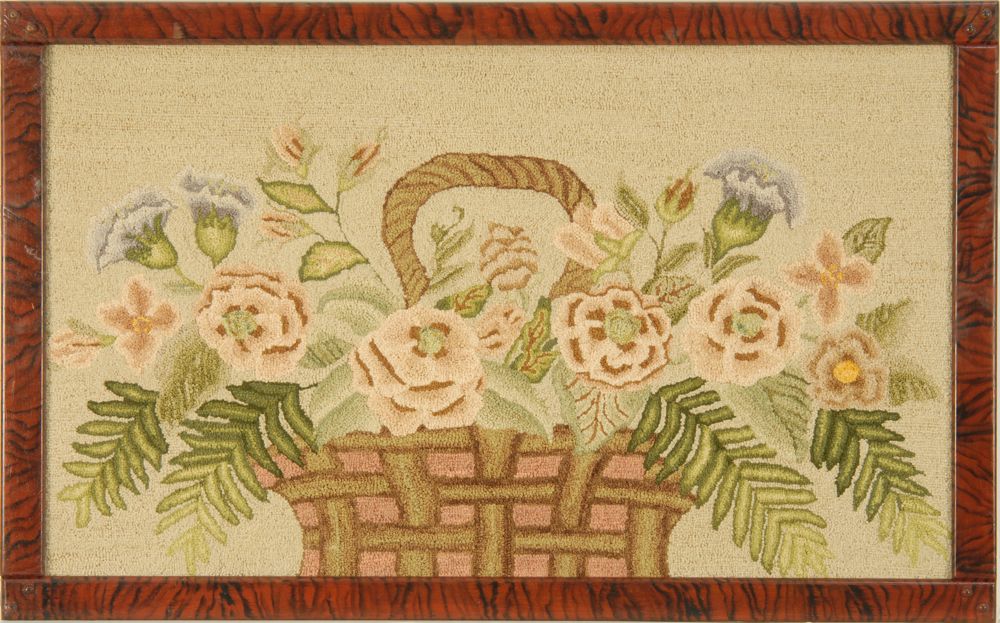 Appraisal: FRAMED OLD HOOKED RUG ' x ' In flower basket