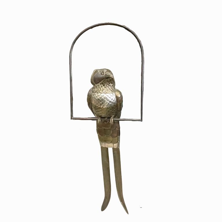 Appraisal: Sergio Bustamante Hanging Brass Flycatcher w Perch Sergio Bustamante Hanging