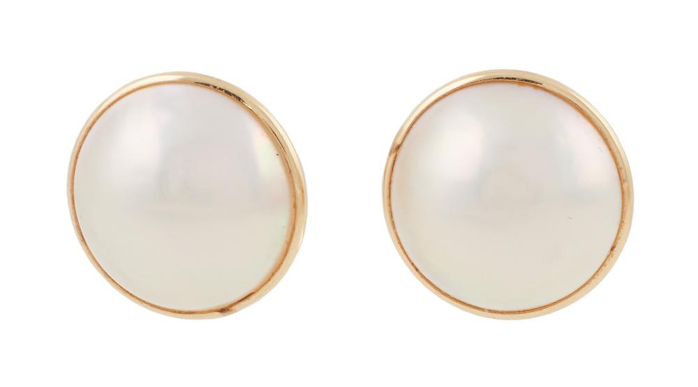 Appraisal: PAIR OF KT YELLOW GOLD AND MABE PEARL EARRINGS APPROX