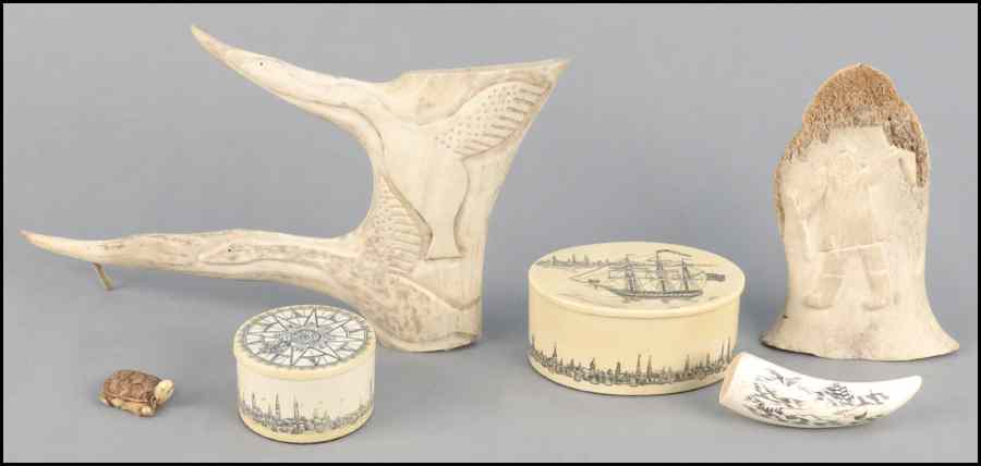 Appraisal: SCRIMSHAW CARVING Together with two Inuit carvings and two resin