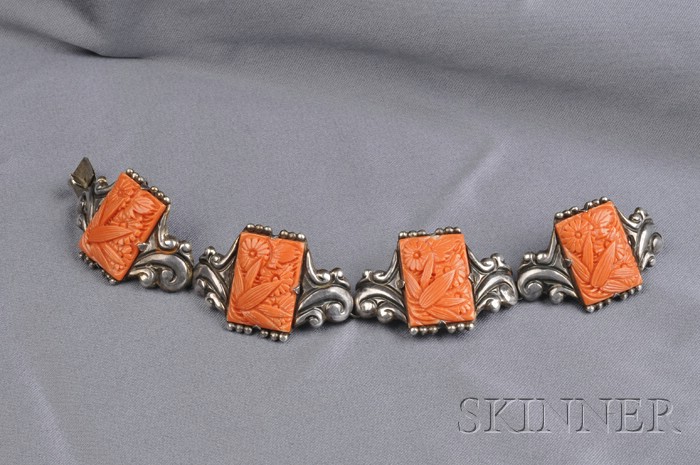 Appraisal: Mexican Sterling Silver and Coral Bracelet Los Castillo composed of