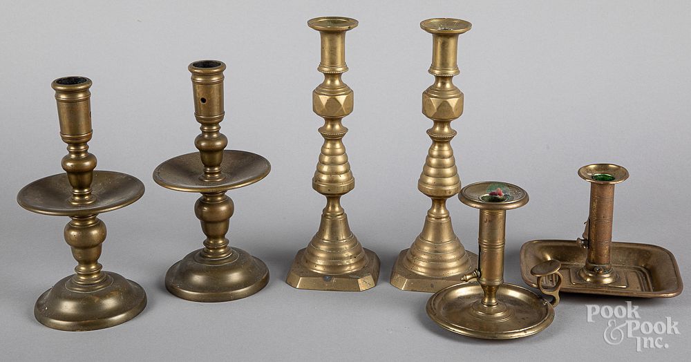 Appraisal: Six brass candlesticks Six brass candlesticks late th early th