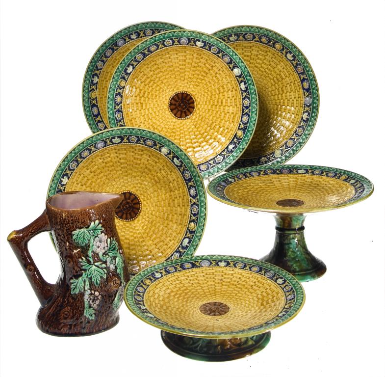 Appraisal: A STAFFORDSHIRE MAJOLICA DESSERT SERVICE AND A MAJOLICA RUSTIC JUG