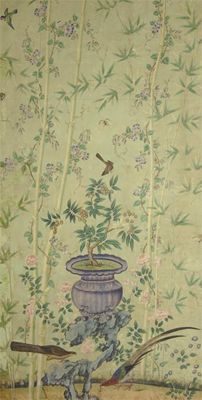 Appraisal: Seven th century Chinese wallpaper panels with a green ground