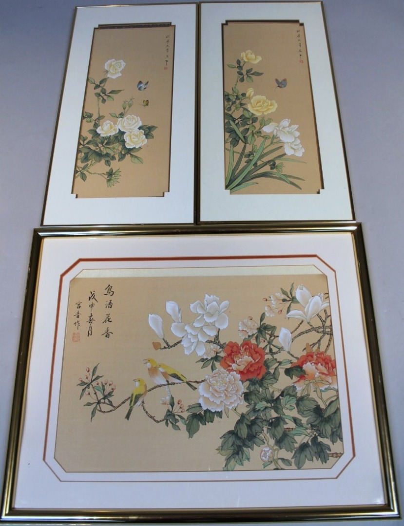 Appraisal: Oriental School Butterflies birds and flowers material prints possibly hand