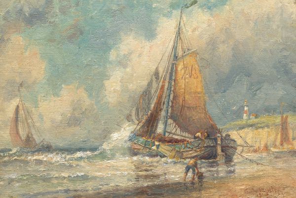 Appraisal: FREDERICK HUNTER AMERICAN - x Fishing boat at shore Oil