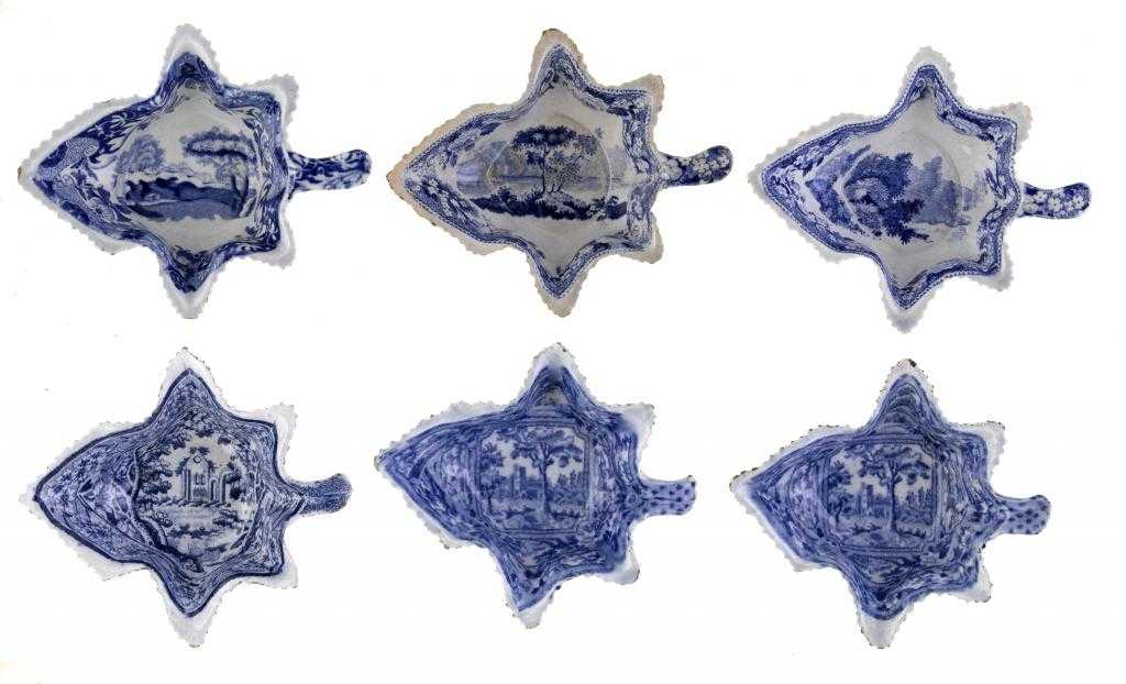 Appraisal: SIX RIDGWAY BLUE PRINTED EARTHENWARE PICKLE DISHES of vine leaf