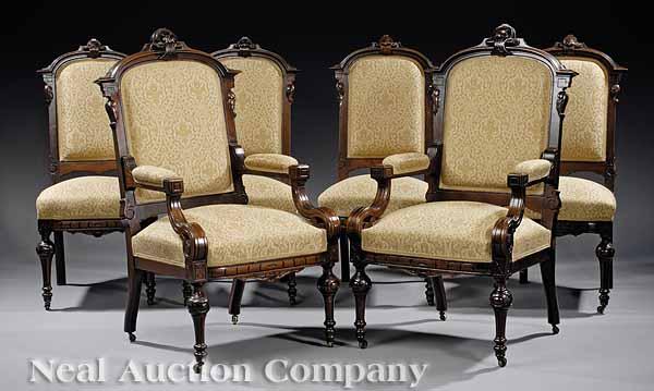 Appraisal: A Set of Six American Renaissance Carved Walnut Dining Chairs