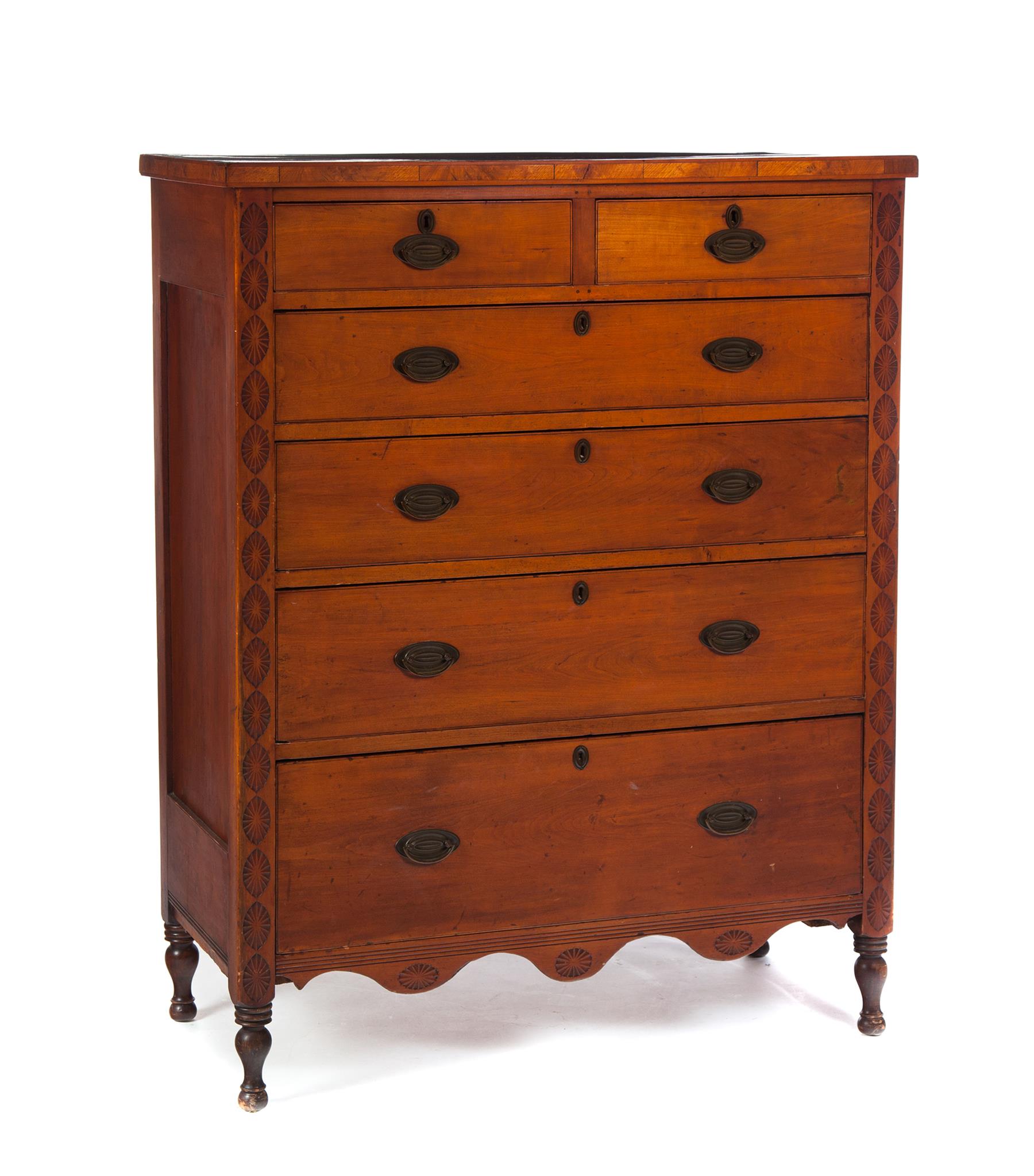 Appraisal: OHIO SHERATON TALL CHEST Ca - cherry Carved sunbursts on