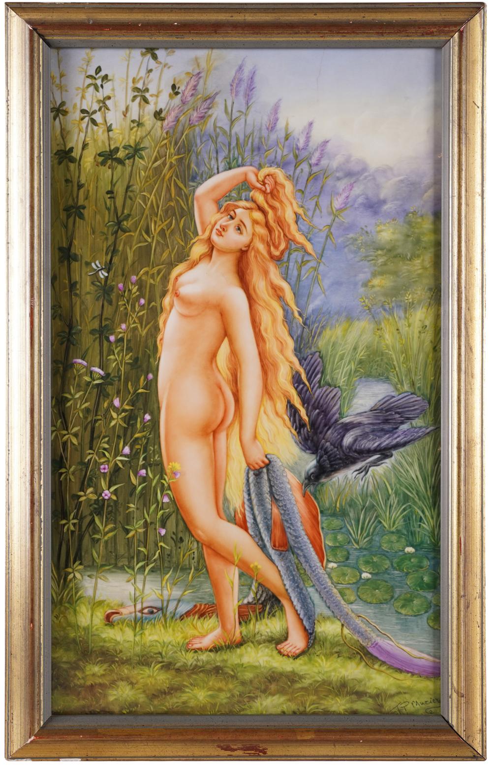 Appraisal: PAINTED PORCELAIN PLAQUE OF A NUDE th century signed illegibly