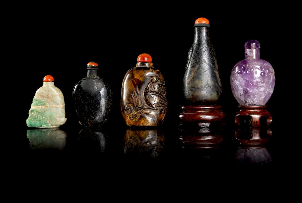 Appraisal: Five Chinese Hardstone Snuff Bottles Largest height in cm Five