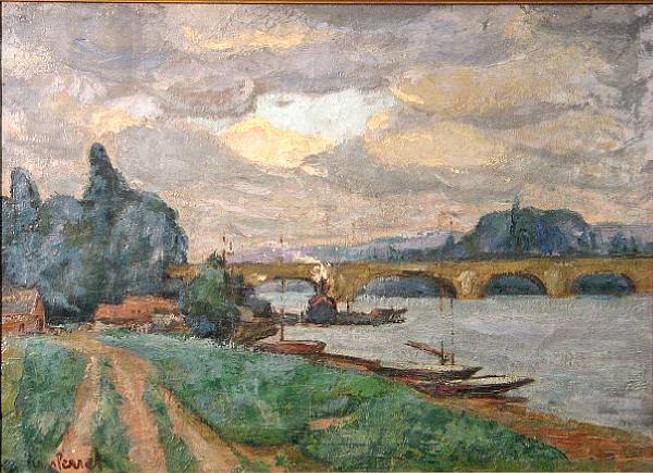 Appraisal: Jean Perrot A river scene with boats along the shore