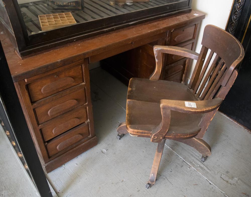 Appraisal: ANTIQUE FLAT-TOP OAK DESK WITH CHAIR American early th century