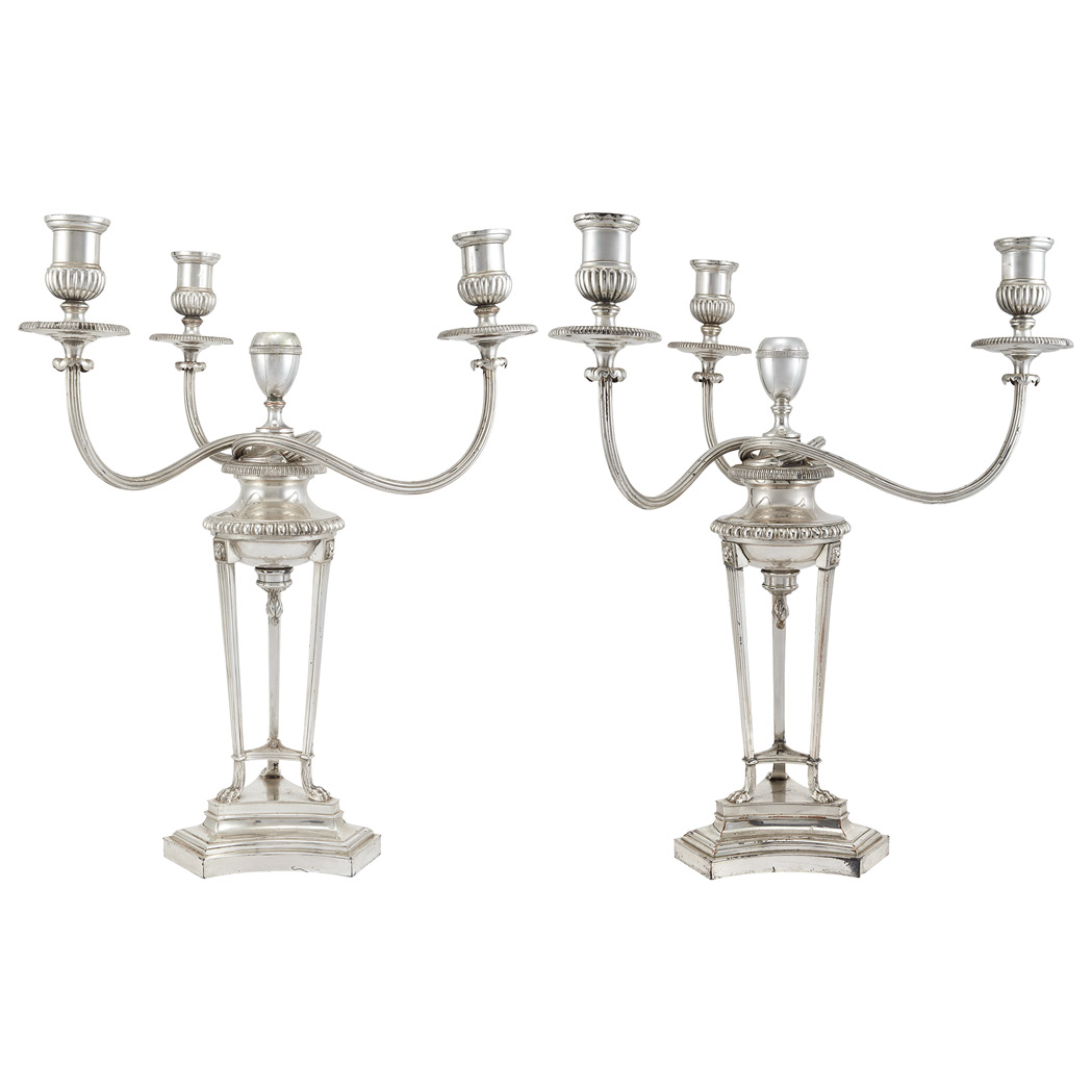 Appraisal: Two Silver Plated Three-Light Candelabra One Sheffield Mathew Boulton London