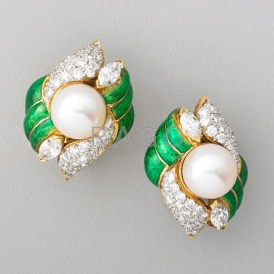 Appraisal: DIAMOND AND PEARL ENAMELED K GOLD EARRINGS Circular cut diamonds