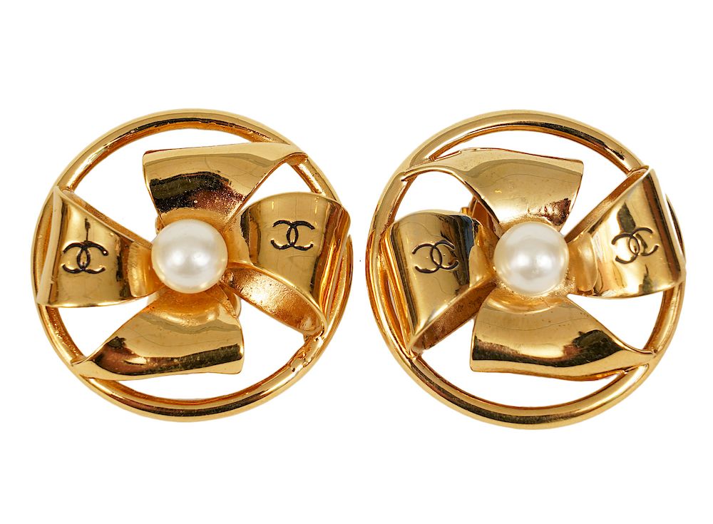 Appraisal: Chanel Vintage Gold Tone Ribbon CC Pearl Earrings 's Chanel